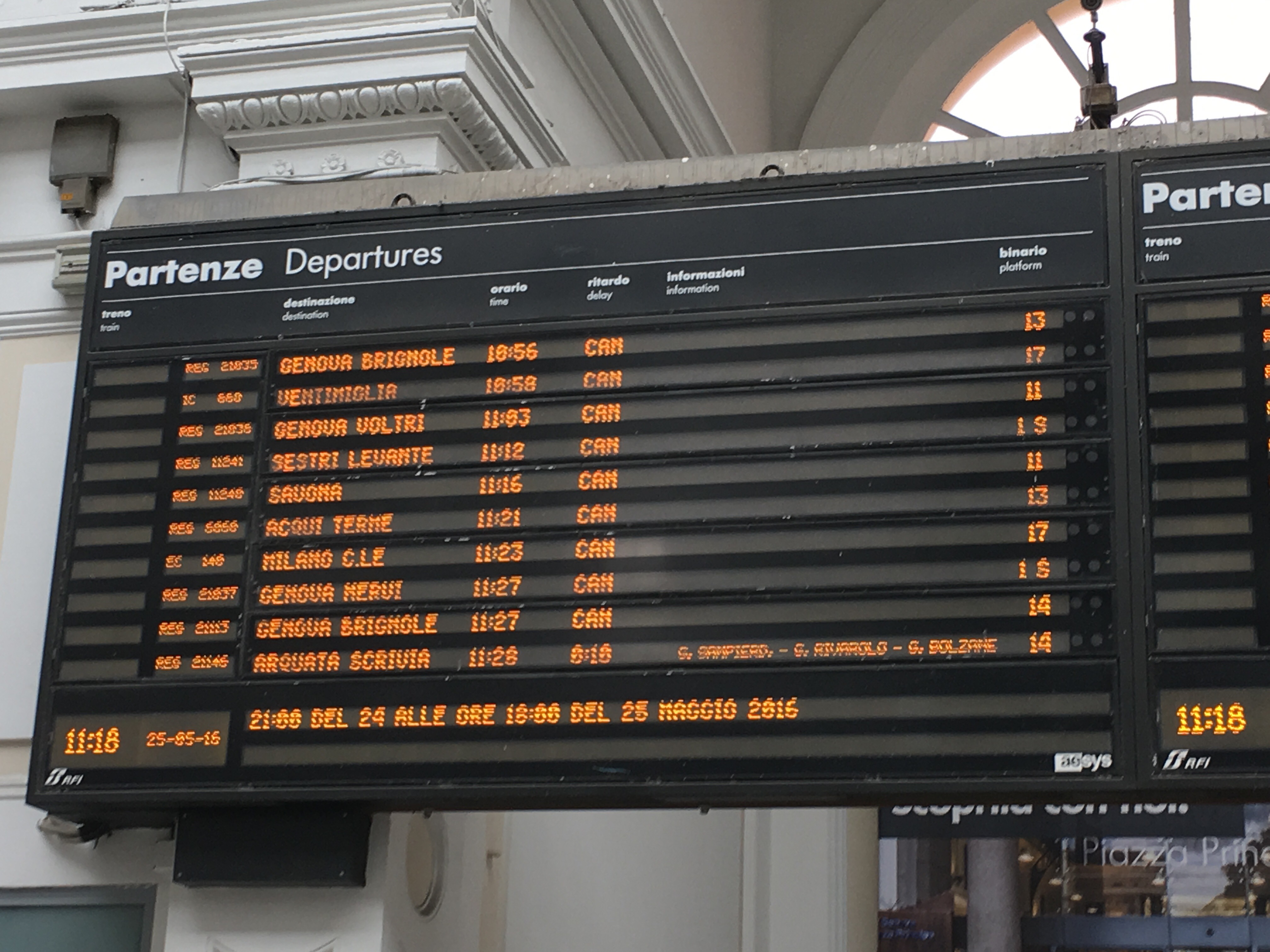 departures board showing most trains cancelled