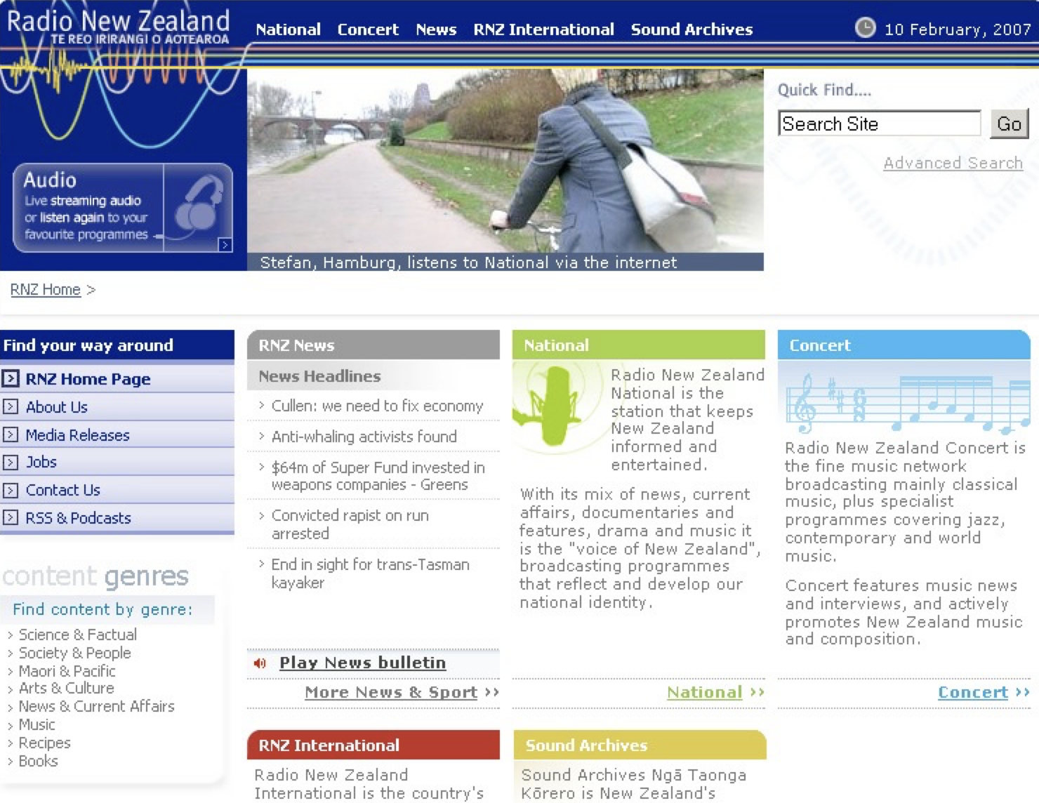 The RNZ home page design from 2005, screen shot taken in 2007.