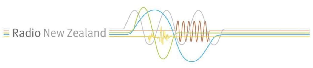 The RNZ waves branding, with a interweaved waves, each one a different colour