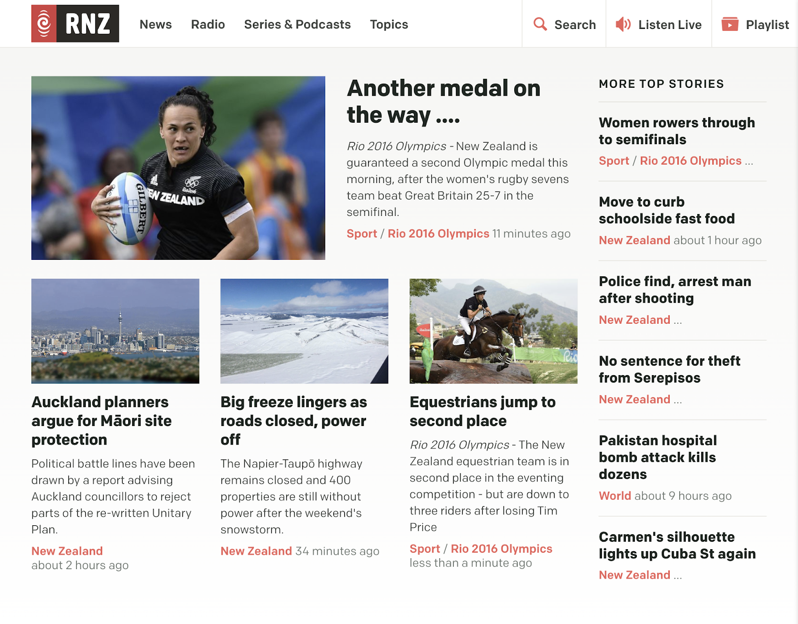The RNZ Home page in 2016