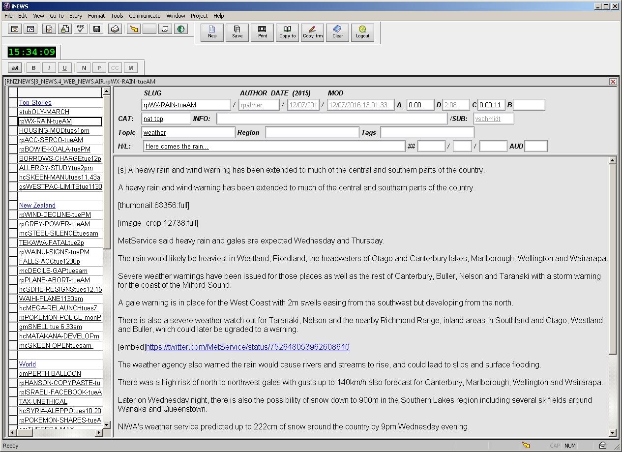 The inews editing screen.