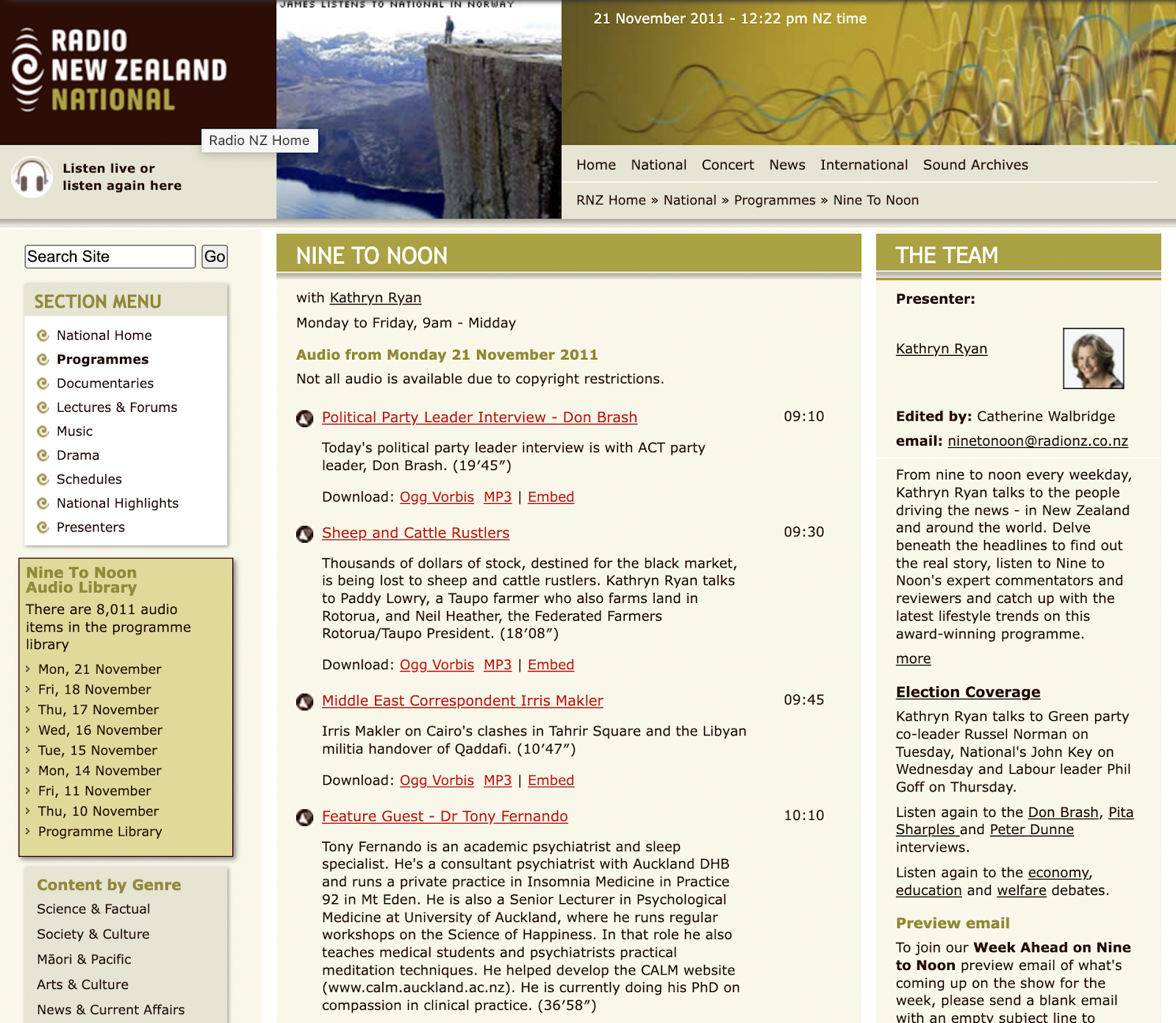 RNZ Nine To noon pages showing just  a list of audio content