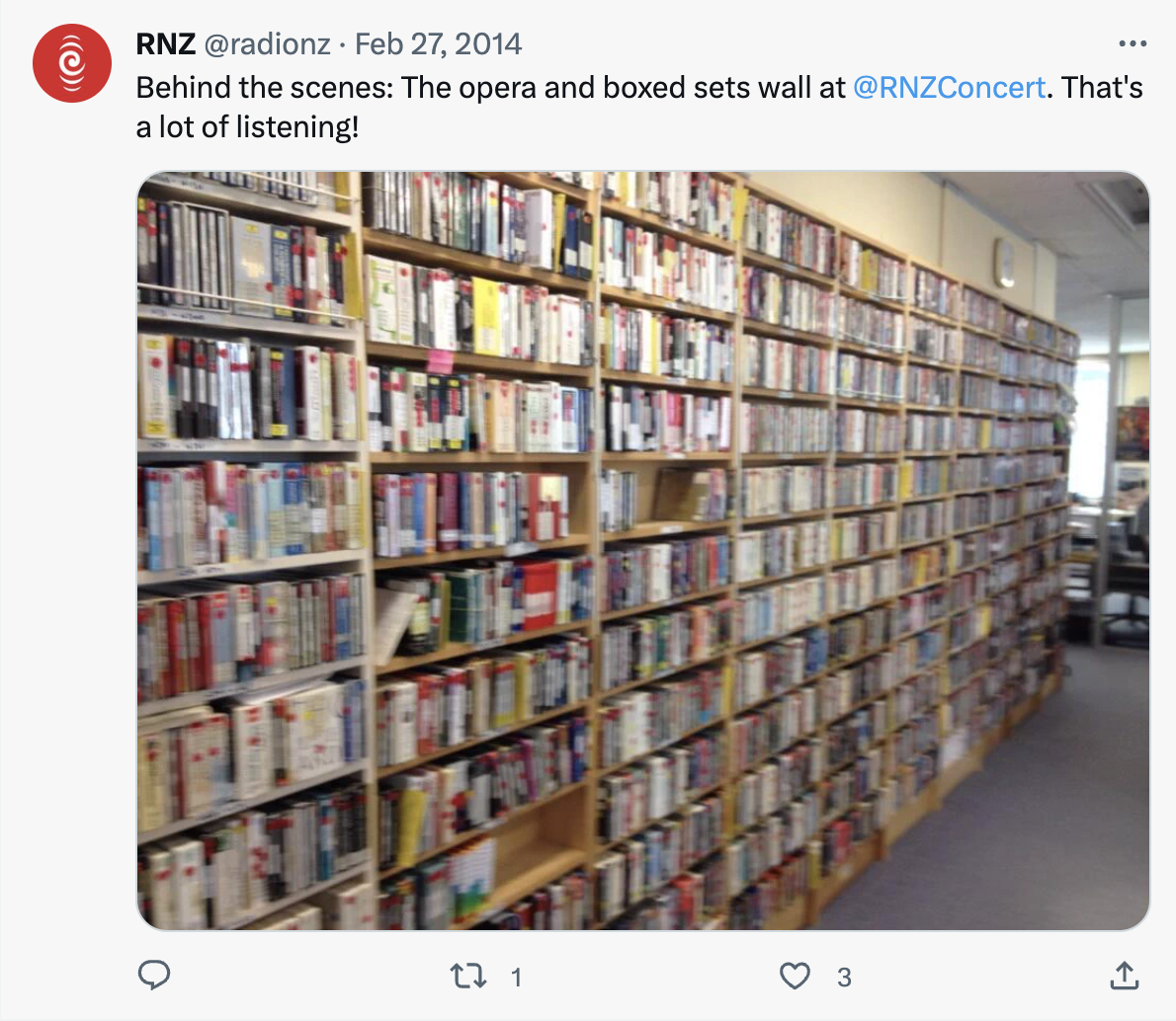 A tweet showing a picture of the RNZ music library showing many rows of CDs 