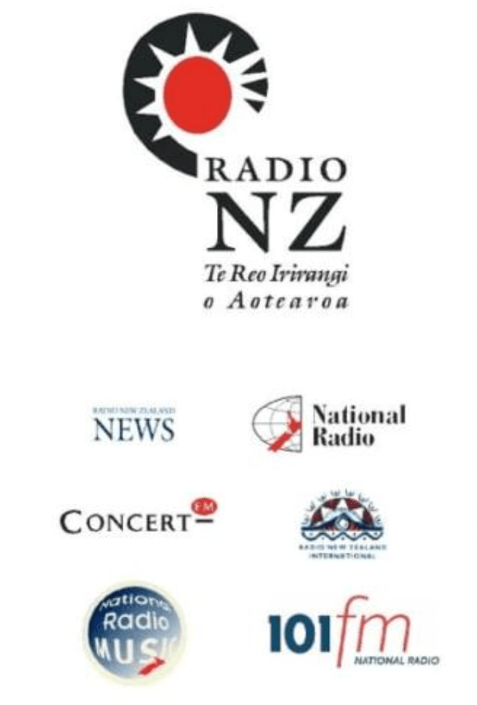The original Radio NZ visual branding for Radio NZ, News, Concert, National, RNZI, Music 101, and National Radio Music