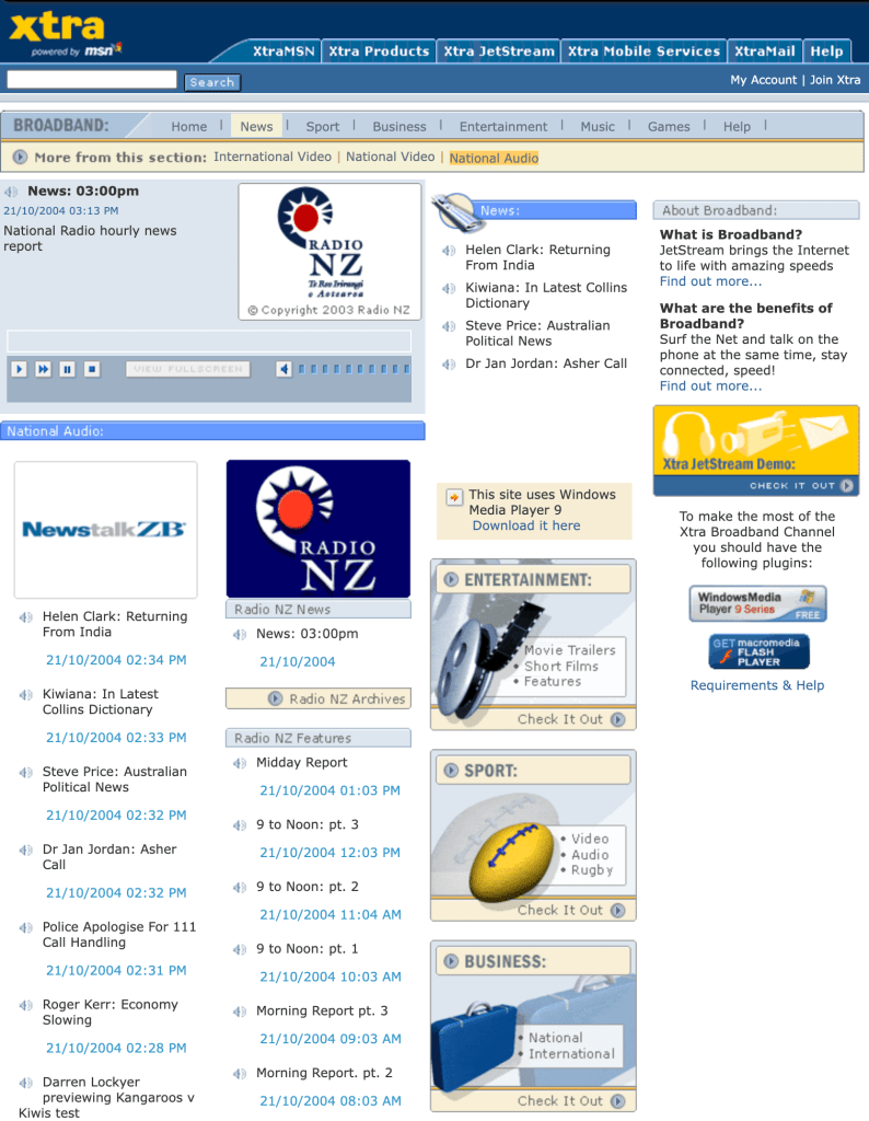 Screenshot of the xtra audio service which had newstalkZB and Radio NZ on one page
